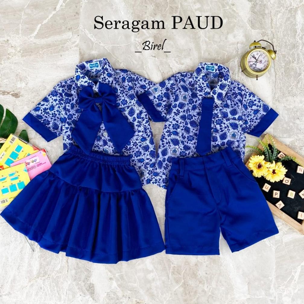 Free Ongkir Baju Batik Paud Biru Seragam Tk Anak Setelan Seragam Sekolah Batik Paud 1-10 Tahun