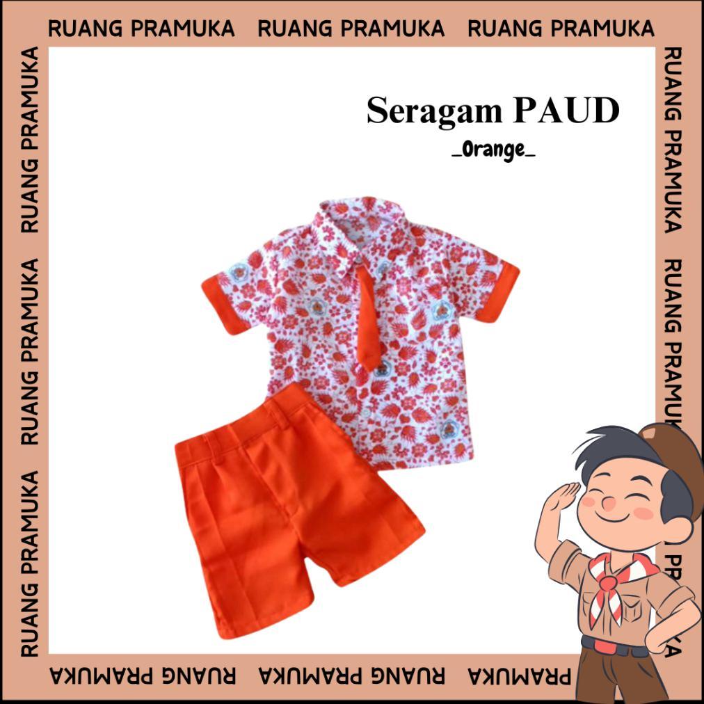 Free Ongkir Baju Batik Paud Orange Seragam Tk Anak Setelan Seragam Sekolah Batik Paud 1-10 Tahun