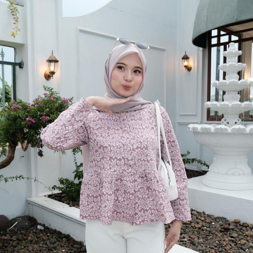 Favorit Modest - Kiana Blouse Flower Blouse Jacquard Atasan Peplum Lengan Panjang Baju Blouse Lebara