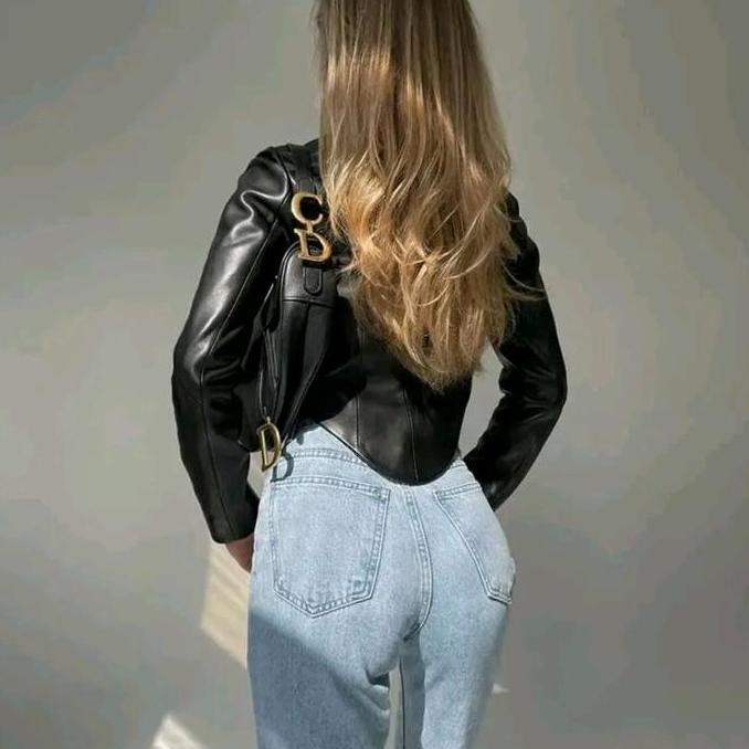 Jaket kulit Wanita Crop V Korean Hijab Top Leather Outfit Mafia Mamba Konser Mall Motoran Terbaru hi