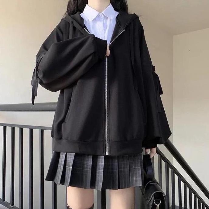 Hime Ribbon Jacket Kawaii Seifuku Lolita Pita Jaket Cewe Wanita cewek Abu Fleece Panjang