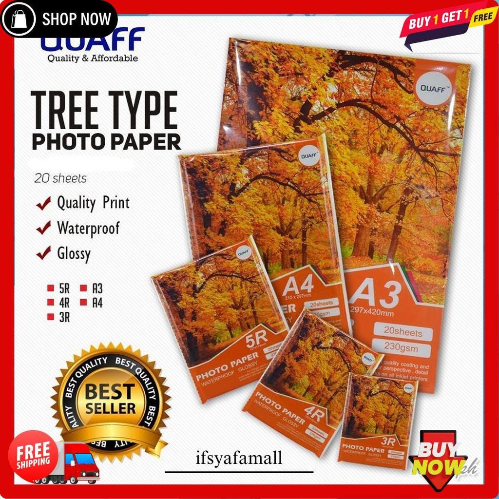Quaff Kertas Foto Glossy Dengan Stempel Belakang 3R|4R|5R|Ukuran A3 /A4 230Gsm ||180Gsm (20 Lembar) 