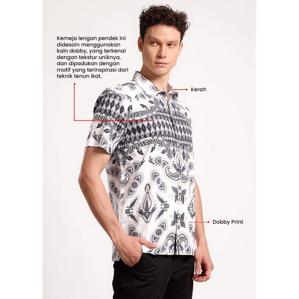 MANZONE - Kemeja Batik Lengan Pendek Pria Sakranata Modern Fit - White