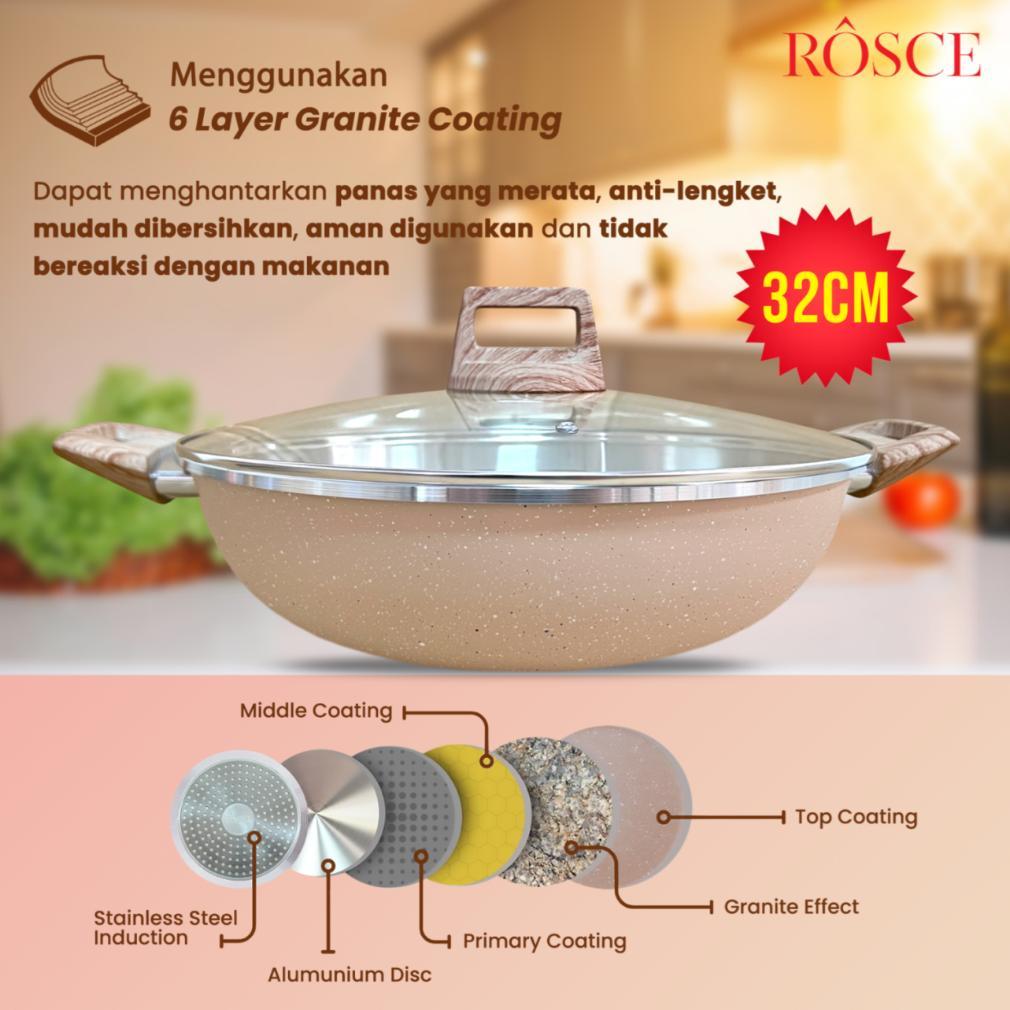 TERBARU ROSCE WOK PAN 32CM STEAMER WAJAN SET KUKUSAN STAINLESS JUMBO PANCI GRANIT MARBLE TUTUP KACA 