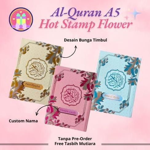 Al-Quran Ukuran A5 Free Custom Nama Quran 3D Timbul Emboss Flower Hot Stamp Silver