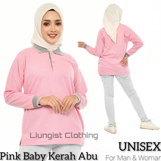 Kaos Polo Panjang Pink Kerah Abu / Baju Kaos Kerah Panjang Pria Wanita Atasan