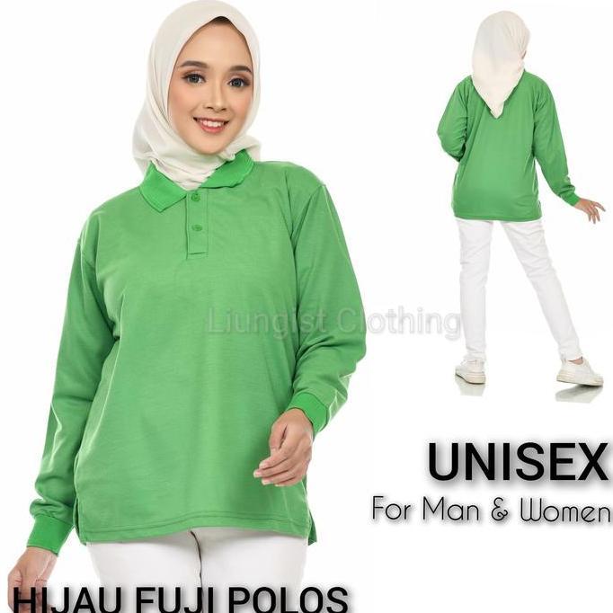 Kaos Polo Panjang Hijau Fuji Polos / Baju Kaos Kerah Panjang Pria Wanita