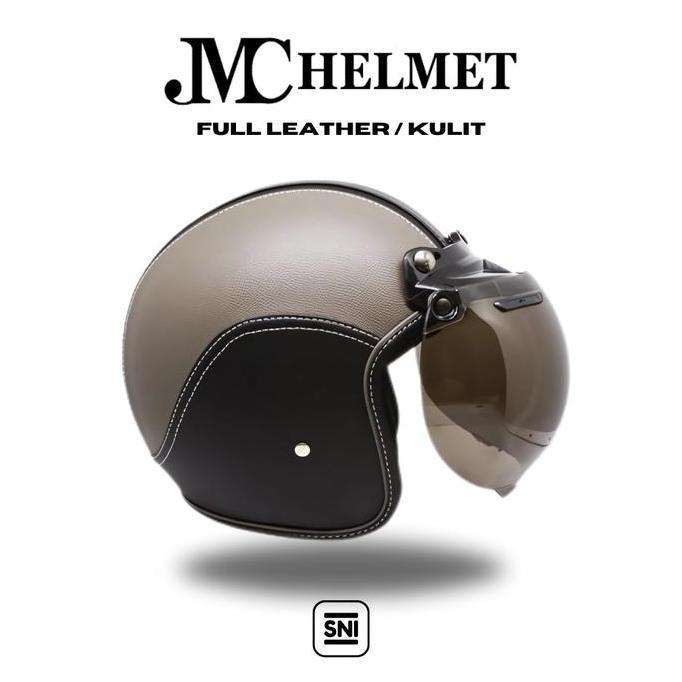 Helm Bogo Retro Dewasa Abu-Abu Full Leather/ Kulit Kaca Polos Biasa SNI Pria/ Wanita