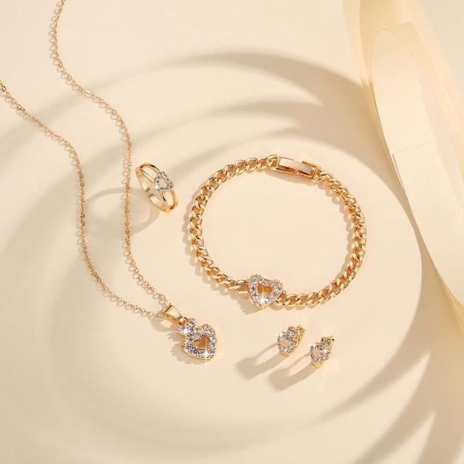 LM904 Set Anak-Anak love kristal Kalung Gelang Anting Dan Cincin Anti Luntur Aksesoris Fashion Anak 