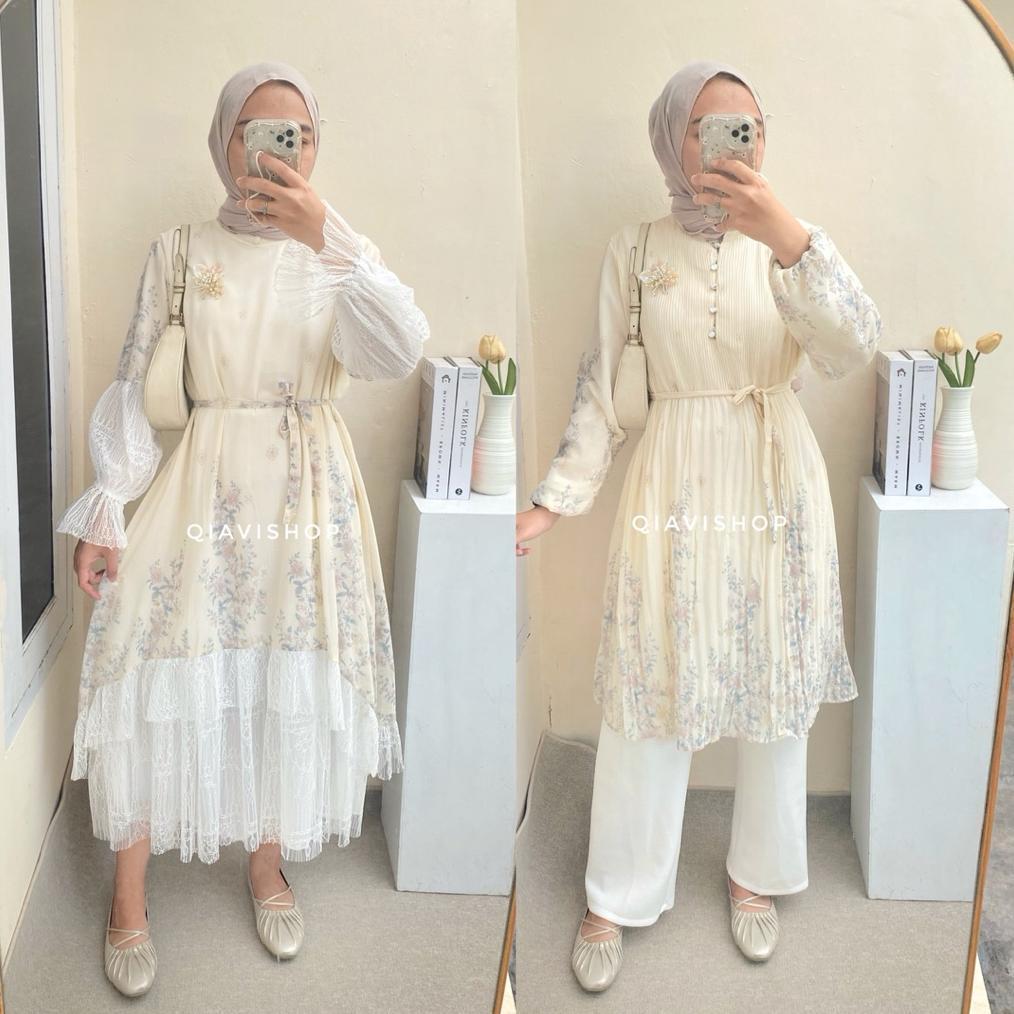 Flash Sale Qiavi Shop - Revi Tunik / Tunic Atasan Plisket Simple Mewah Motif Cantik Warna Pastel Kua