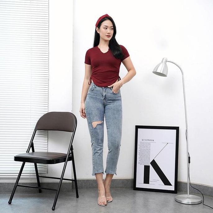 Kaos wanita serut samping - Kaos wanita V neck serut samping 6048 atasan  viral