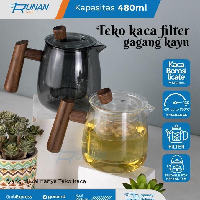 Teko Teh Kaca Infuser Tahan Panas Gagang Kayu Teko Saringan Teh