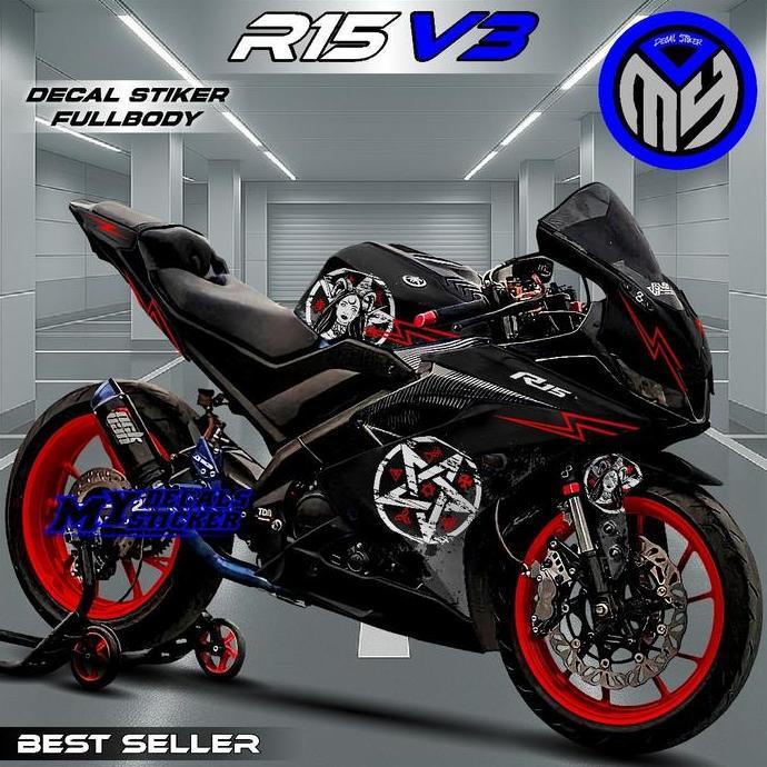 DECAL STIKER FULLBODY MOTOR R15 V3 HITAM MERAH MOTIF SATANIC - STRIPING VARIASI R15 V3 MOTORCYCLE MU