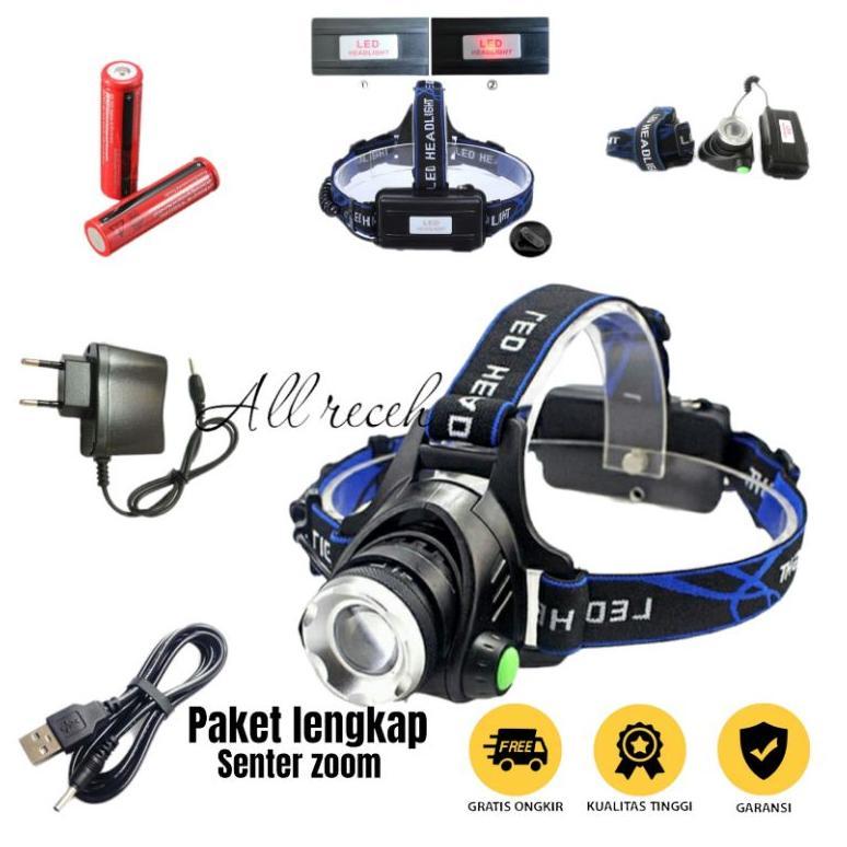 Headlamp LED Cree XML T6 + Charger - Black/senter kepala LED/senter kepala/senter kepala zoom