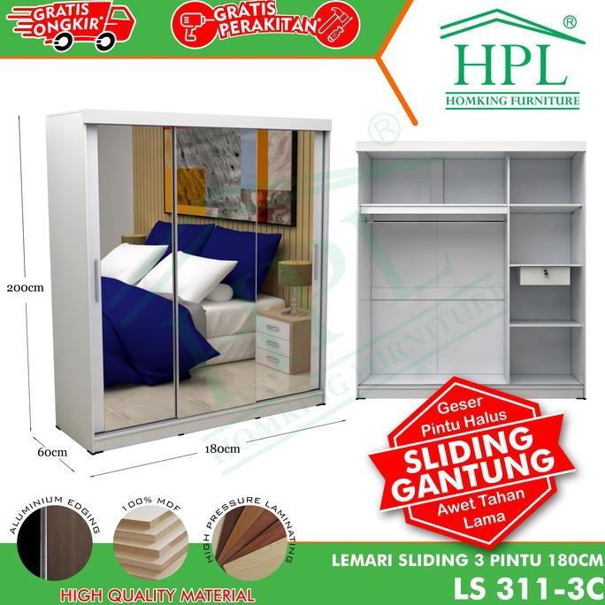 Lemari Pakaian HPL Sliding Door 3 Pintu Cermin