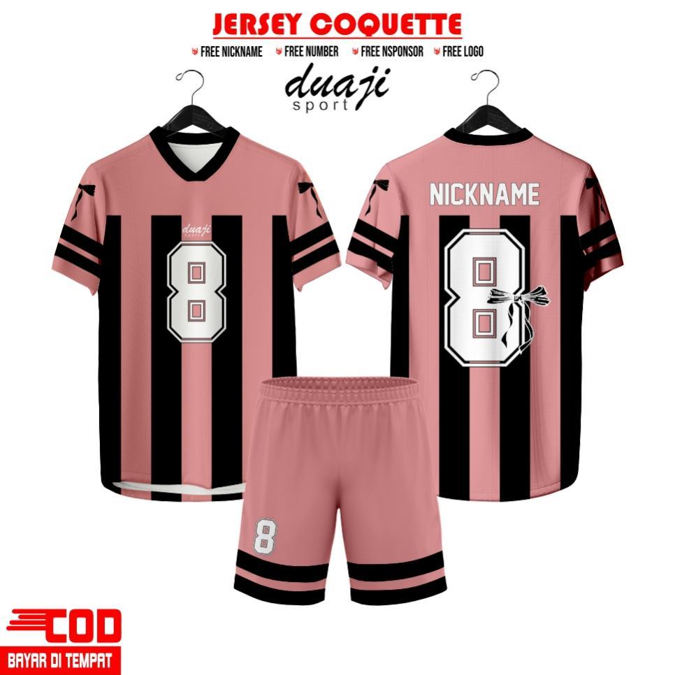 Coquette - Ribbon Pink Hitam Korean Terbaru Full Printing / Jersey Voly / Futsal / Tenis Custom Nama