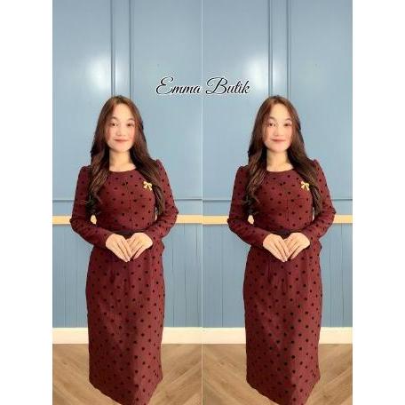 Emma.Butik E00458 Midi Dress Pesta Hitam Motif Kupu Gaun Gereja Formal Cantik Wanita Lengan Panjang 