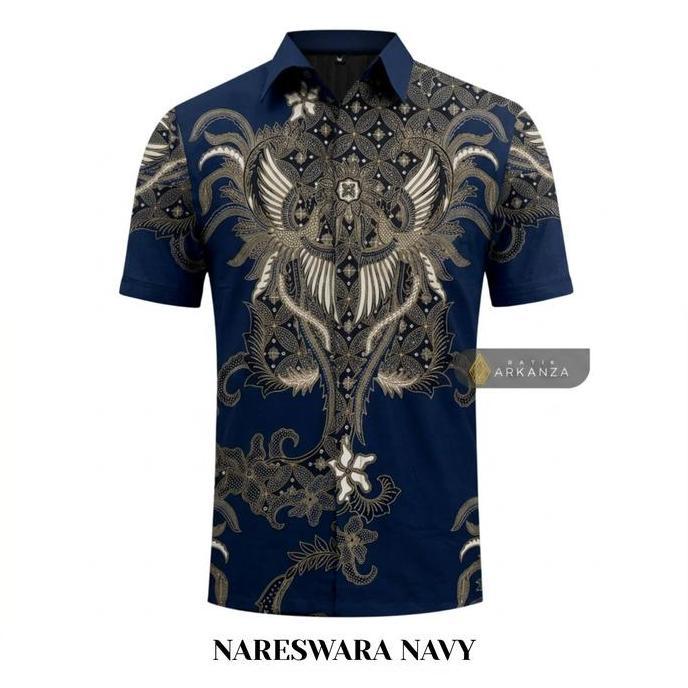 BATIK ARKANZA Motif NARESWARA NAVY PENDEK Kemeja  Batik Premium Pria