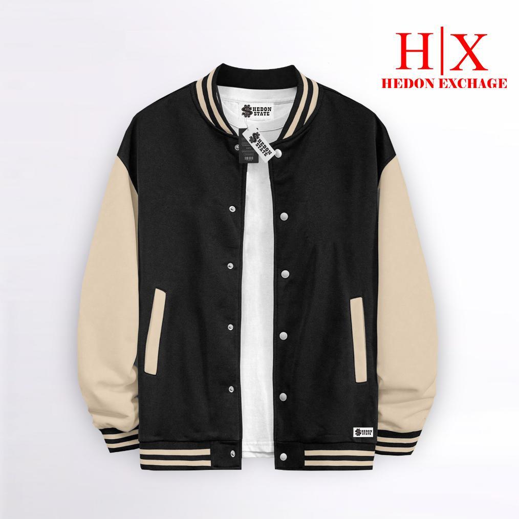 Diskon Hedon State Jacket Varsity Baseball Kancing Polos Hitam Putih Pria Wanita Unisex Kekinian