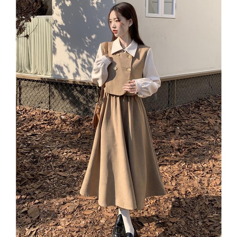 PAKET HEMAT DRESS RETRO KASUAL WANITA GAYA KOREA DRESS LENGAN PANJANG KERJA LONGGAR
