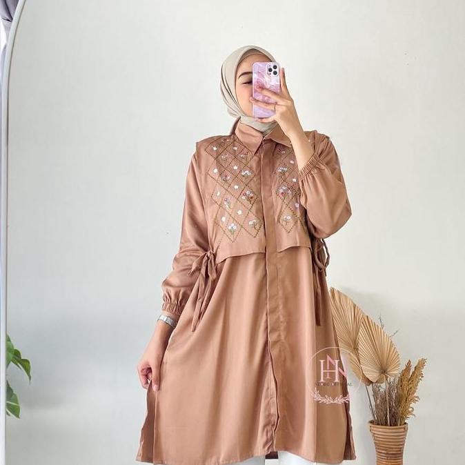 TERKINI Savia Tunik Panjang Kancing Variasi Bordir Rayon Twill Motif Rompi Tunik Wanita Muslim TERKI