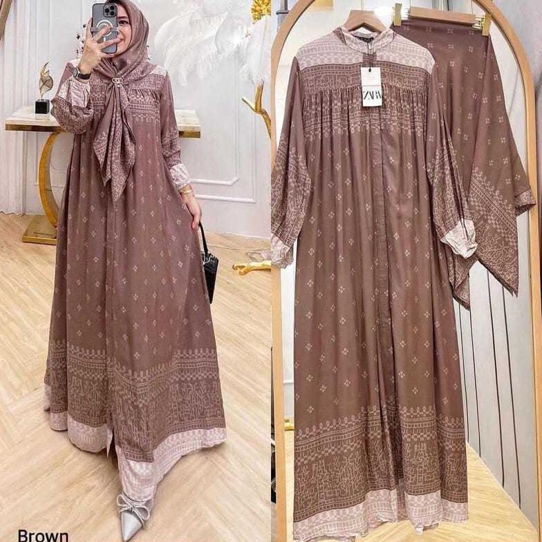 original set gamis zara hijab motif premium [satu set dgn hijab populer kekinian]