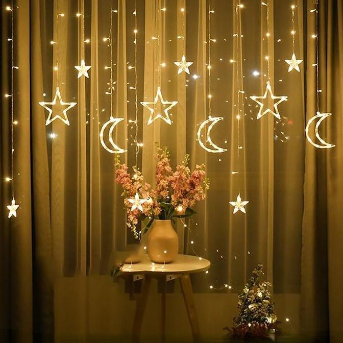 Lampu Hias Kelap-Kelip Bintang Bulan Lampu Natal Tirai Led Lampu Hias Kamar Dekorasi