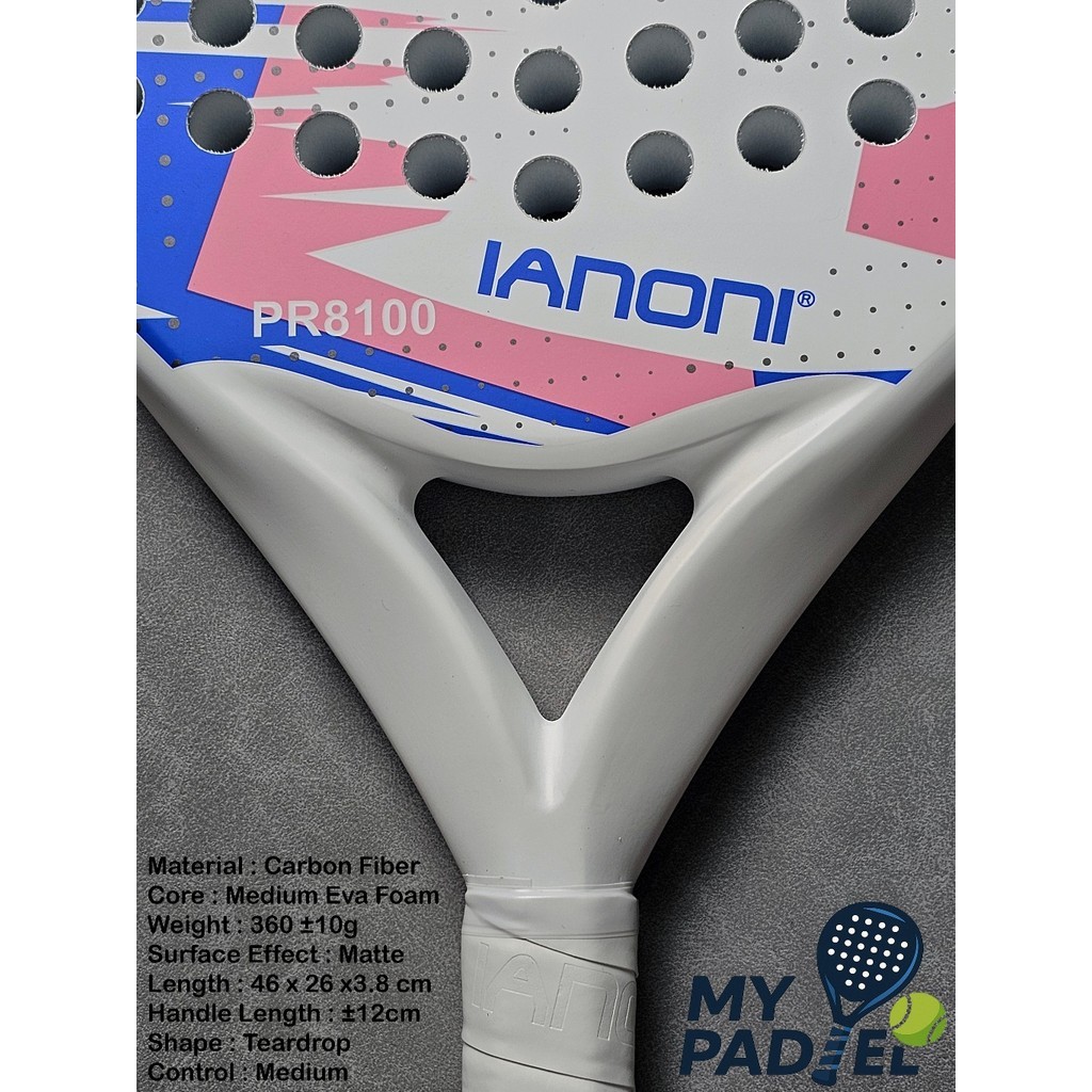 Raket Padel IANONI PR8100 Full Carbon Ringan Stabil 600g Biru-putih Pink-Putih PR 8100