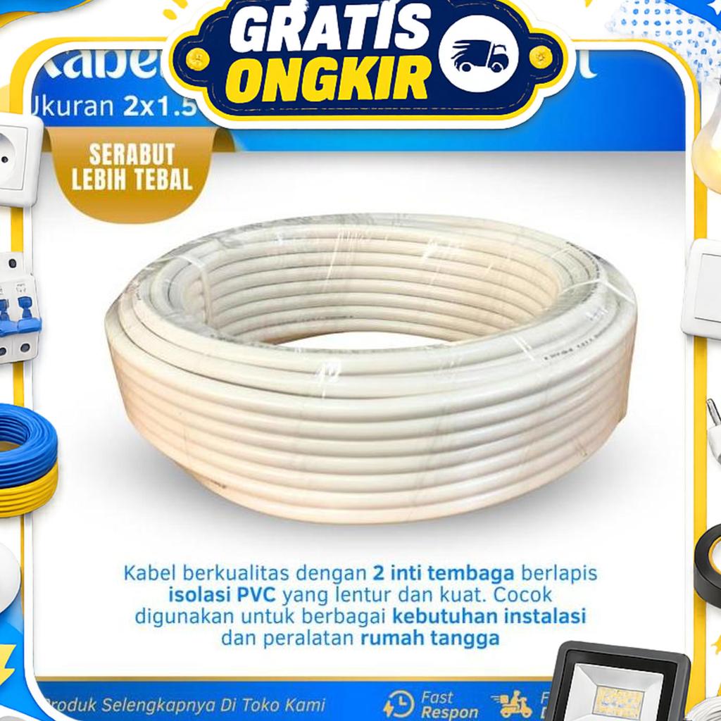 Kabel Listrik Serabut 2X1.5Mm 1 Roll 50 Yard Kabel Listrik Tembaga Murni 2X1.5 Warna Putih Kabel Lis