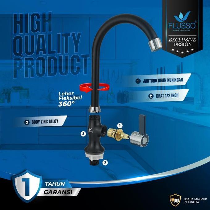 Kran Sink Cuci Piring Hitam Leher Angsa Filter System Bergaransi Jantung Kuningan FLUSSO | Kran Dapu