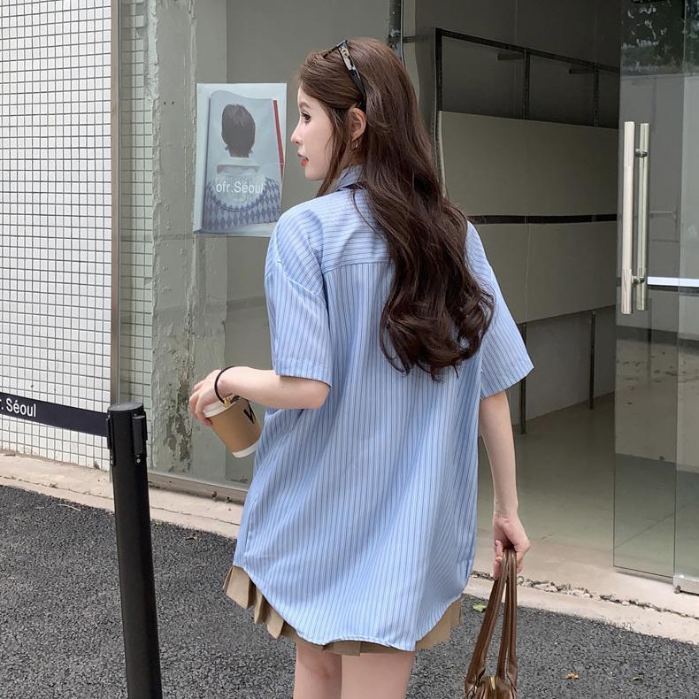 Unik Meet.U Kemeja Dasi Wanita Kemeja Lengan Pendek Wanita Bergaris Biru Oversize Gaya Korea