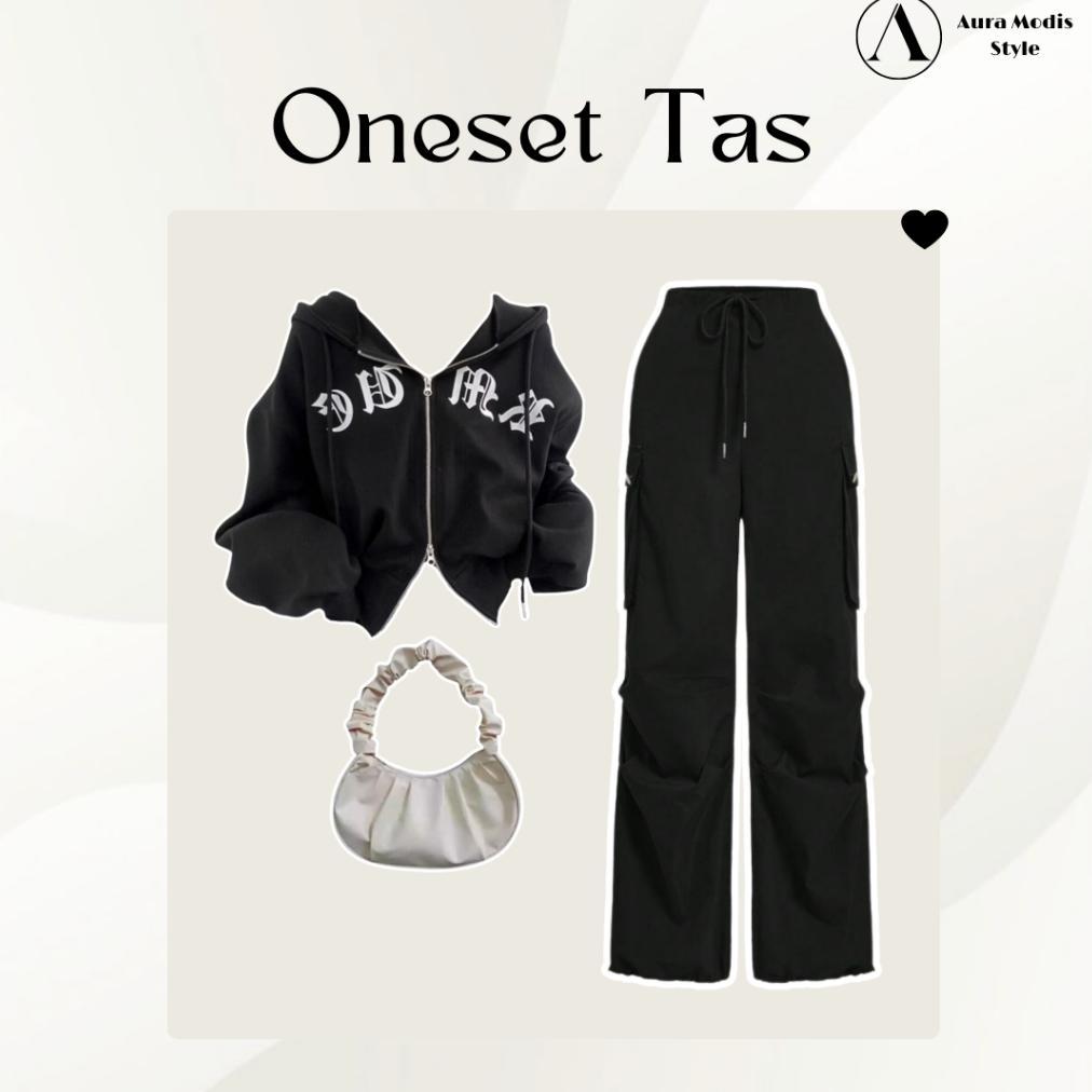 Flash Sale Setelan 4In1 Wanita Premium | Sweater Crop Fleece Adem | Celana Cargo Hitam Jumbo Anti Ge
