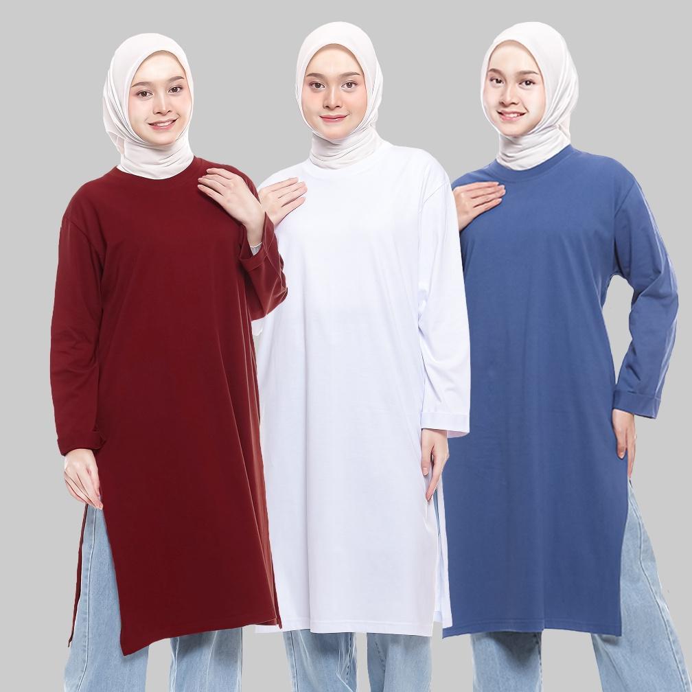 FLASH SALE LOUVINNE Tunic T-shirt l Kaos Tunik Polos Selutut Lengan Panjang Wanita Cotton Combed 24s