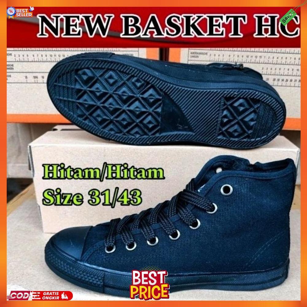 SEPATU SEKOLAH KERJA KULIAH PRIA WANITA HITAM POLOS NEW BASKET HC TINGGI TALI SIZE 31 SD 42 ORIGINAL