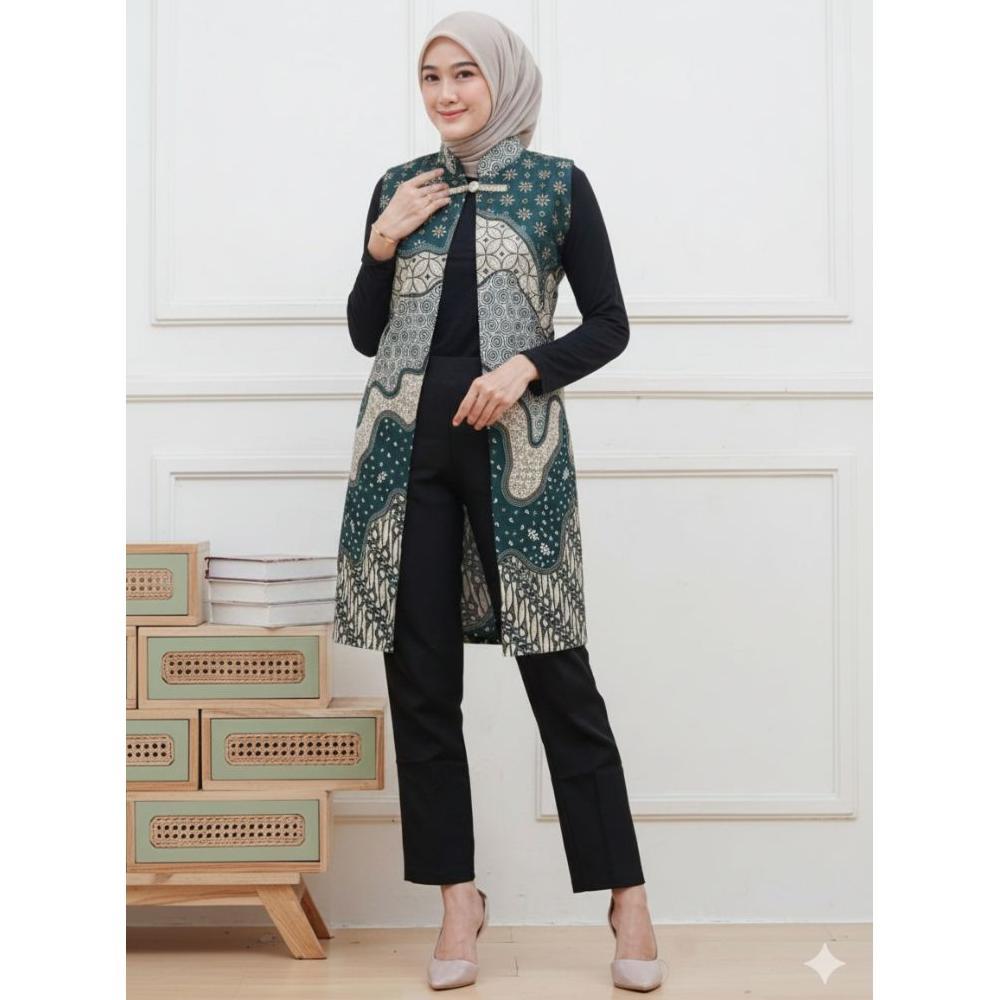 Saless Blazer Batik Wanita Modern Atasan Outer Batik Long Cardi Tanpa Lengan Terbaru