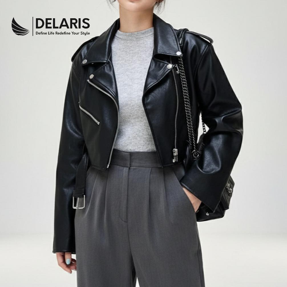 RECOMMENDED DELARIS JAKET CROP WANITA BIKERS KULIT SINTETIS VIENNA HITAM