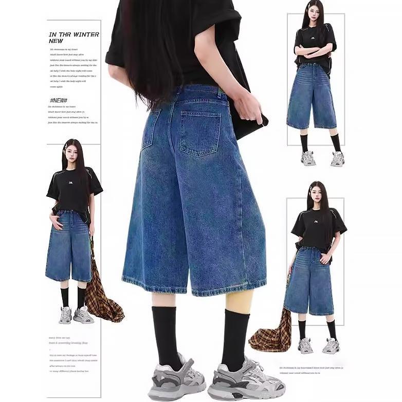 Promo ReadyCelana Jeans Pendek Wanita 3/4 Retro Baggy Pants Celana Jeans Terbaru Causual Hiphop Stre