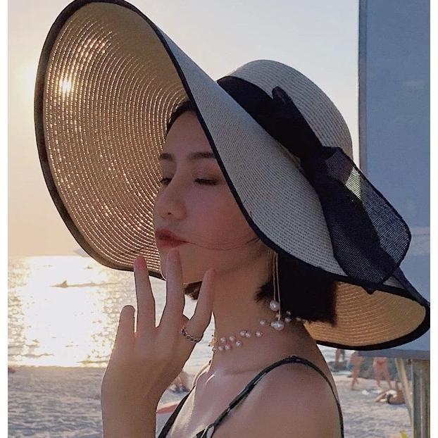 Topi Pantai Lebar Bahan Raffia Premium List Hitam / Topi Pantai Lebar / Topi Pantai Lipat