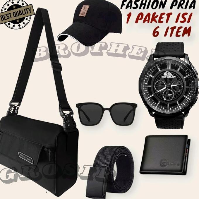 Sale Paket Promo Terkeren Fashion Pria: Tas Selempang + Jam Tangan + Topi + Kacamata + Ikat Pinggang