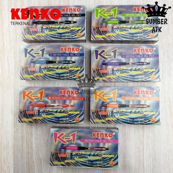 Pena / Pulpen KENKO GEL PEN K-1 Retractable LUSIN / 12 PCS Hitam Biru Merah Pink Hijau ungu orange