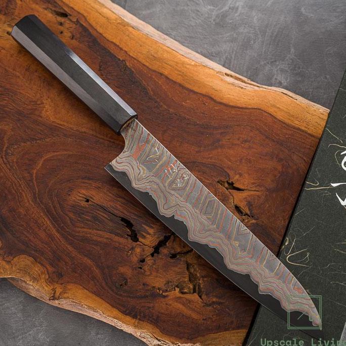 Pisau Dapur Jepang Hatsukokoro Irodori Aogami 2 steel Rainbow Damascus Kurozome Gyuto 240mm