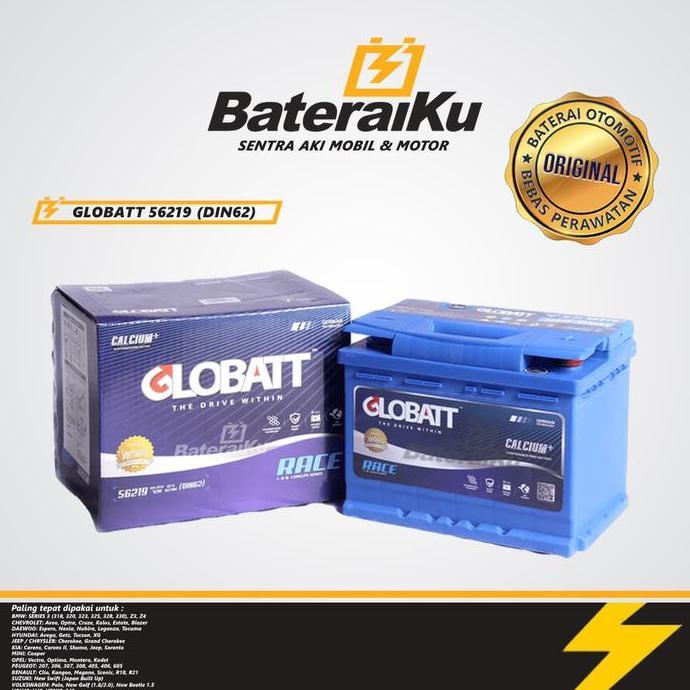 BEBAS ONGKIR - Aki Mobil Globatt 56219 DIN62 MF Untuk Spint, Fiesta,Jeep, Mini Cooper