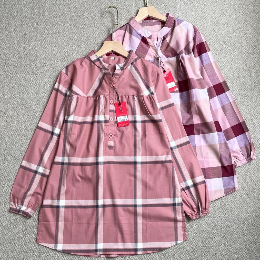 Free Ongkir Tunik 3C Blouse Wanita Motif Kotak & Bunga Kerah Shanghai Katun Premium & Rayon | Atasan