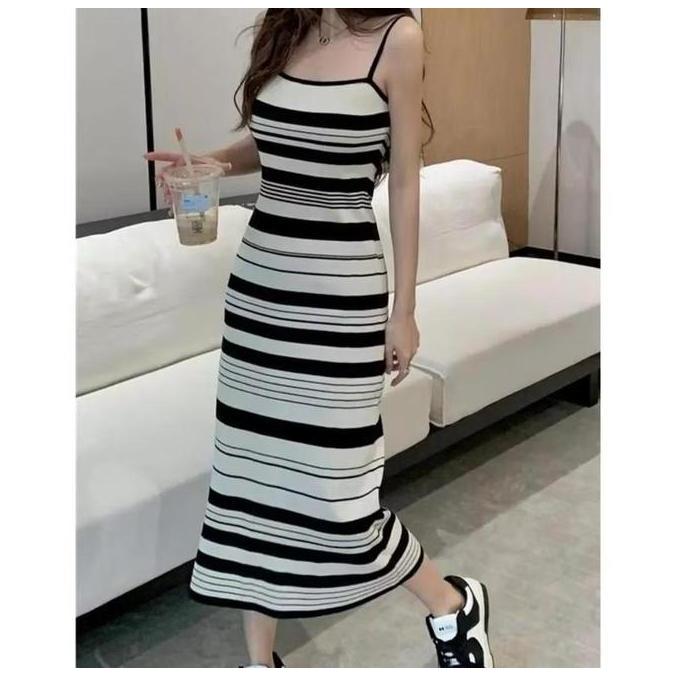 Dres Stripe Ribbon Korean Style / Dres Wanita Garis Garis  / Dres Singlet Gaun Pesta Panjang Simple 