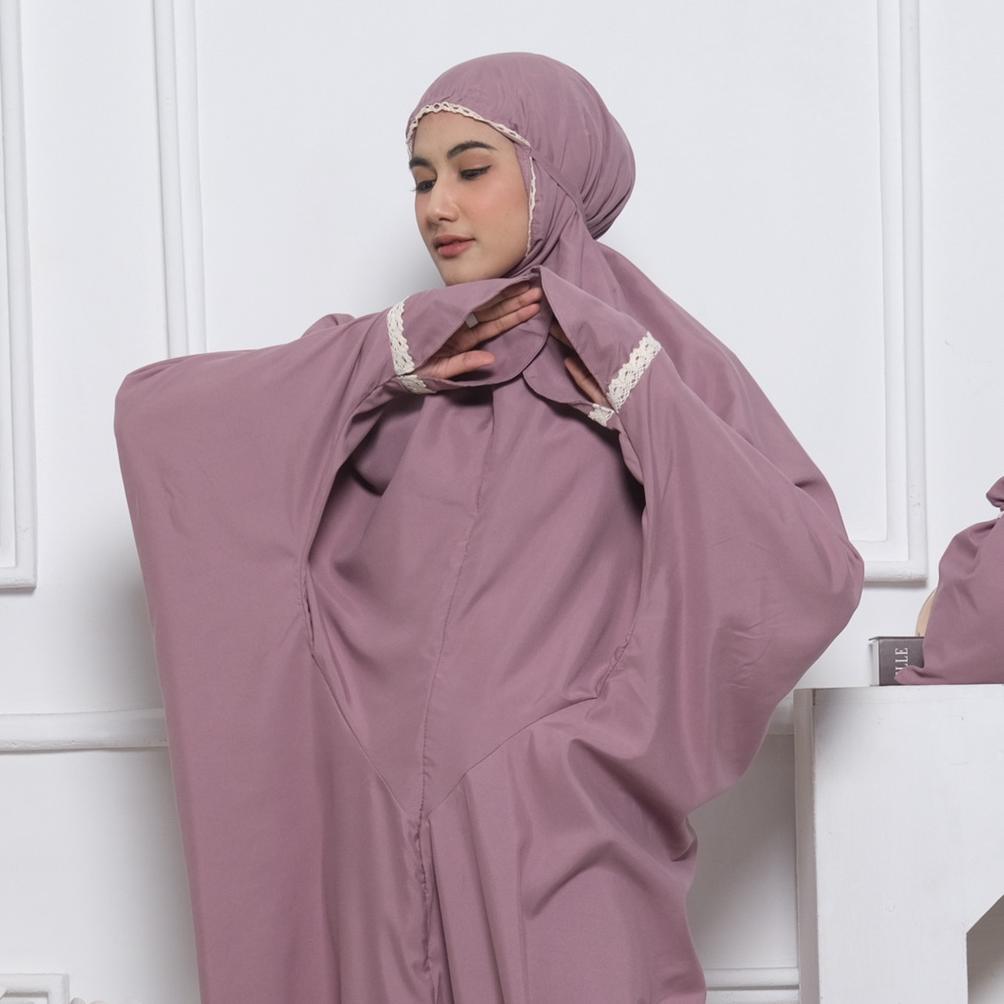 Murah  Arbifa | Promo Mukena Terusan Dewasa Amera Traveling Jumbo Dewasa Polos Renda Rajut Arbifa