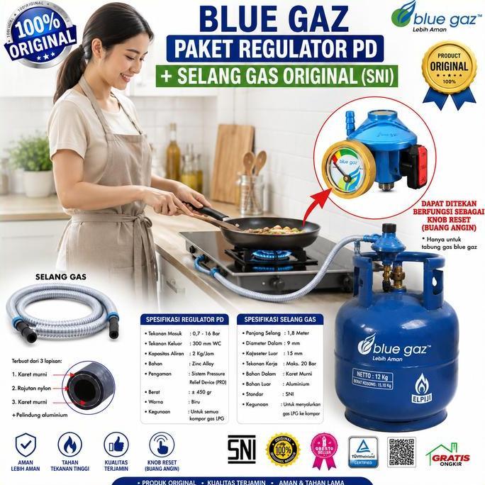 PAKET HEMAT Regulator PD+Selang BLUE GAZ ORIGINAL (SNI) I Regulator Ada Meteran dan Selang Gas 1.8 M