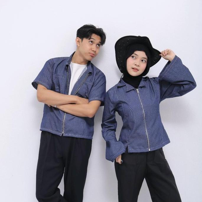 Jassminaa - Nanoona Denim Look Couple - Baju Couple Pria Wanita Denim Set Boxy Zipper