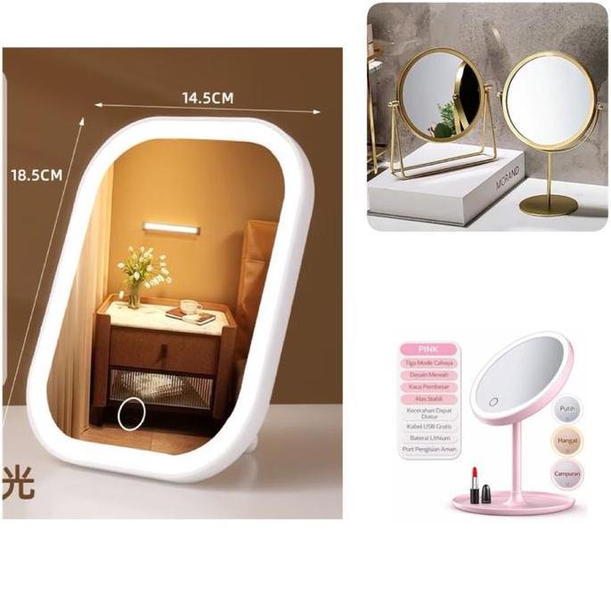 Kaca Rias Make Up / Cermin Rias Meja Bulat / Make Up Mirror / Kaca Elegan dan Minimalis Warna Gold