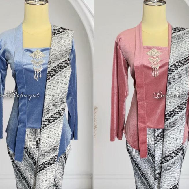 Setelan Kebaya Kutu Baru Bludru Warna Soft / Kebaya + Selendang + Jarik Wiru Plisket