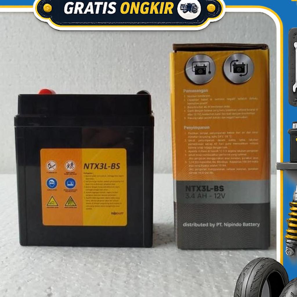Original Aki Motor Rx-King 12Volt 3,4 Ampere Bonus Karet Aki Kering Gel Gm3-3B / Ntx3L-Bs / Mtx3L / 